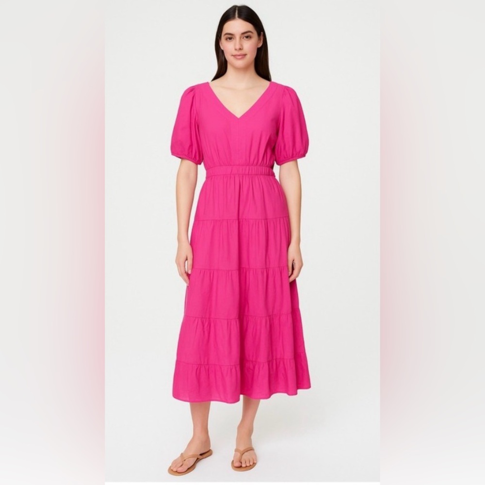 Loft Tiered Puff Sleeve Pink Mid Dress Slit Back size XXS